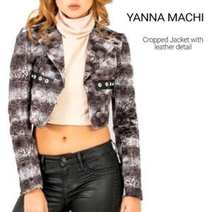 Yanna MACHI Cropped Plaid Jacket with Leather Detail - Black & White